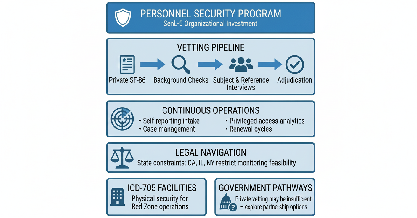 Fig. 3. Personnel Security Program showing the organizational investment required for SenL-5 capability: vetting pipeline, continuous operations, legal navigation, ICD 705 facilities, and potential government pathways [26].